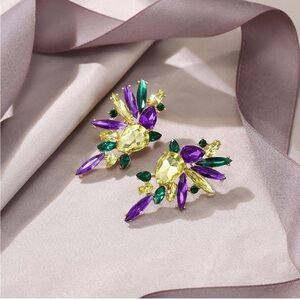 Mardi Gras Purple and Green Floral Earrings with Starburst Design